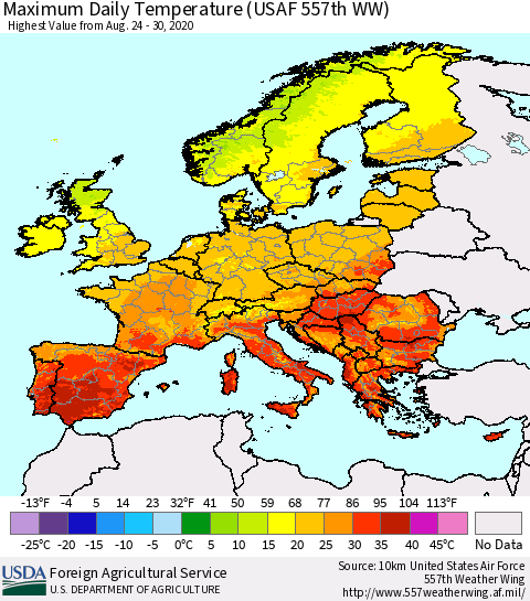 Europe Maximum Daily Temperature (USAF 557th WW) Thematic Map For 8/24/2020 - 8/30/2020