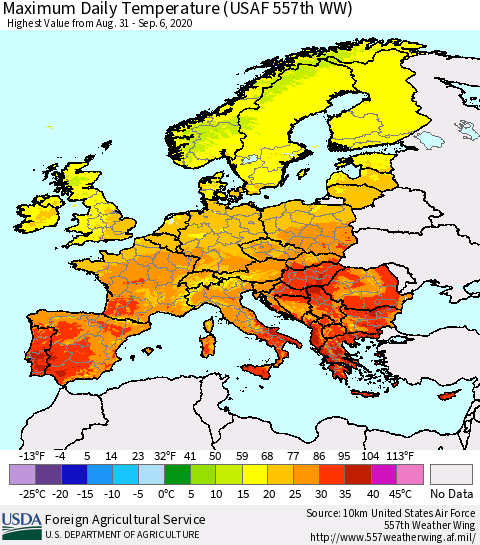 Europe Maximum Daily Temperature (USAF 557th WW) Thematic Map For 8/31/2020 - 9/6/2020
