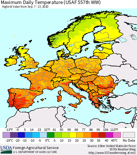 Europe Maximum Daily Temperature (USAF 557th WW) Thematic Map For 9/7/2020 - 9/13/2020