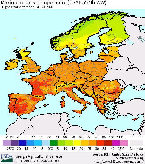 Europe Maximum Daily Temperature (USAF 557th WW) Thematic Map For 9/14/2020 - 9/20/2020