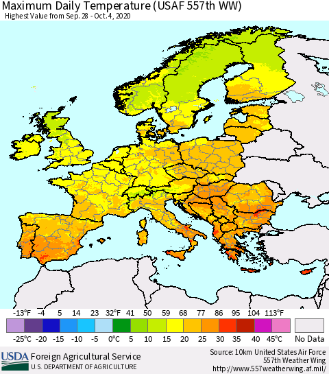 Europe Maximum Daily Temperature (USAF 557th WW) Thematic Map For 9/28/2020 - 10/4/2020