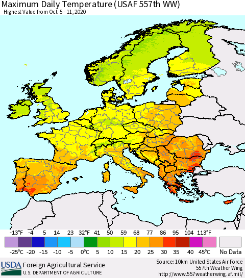 Europe Maximum Daily Temperature (USAF 557th WW) Thematic Map For 10/5/2020 - 10/11/2020