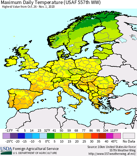Europe Maximum Daily Temperature (USAF 557th WW) Thematic Map For 10/26/2020 - 11/1/2020