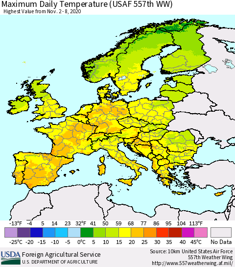 Europe Maximum Daily Temperature (USAF 557th WW) Thematic Map For 11/2/2020 - 11/8/2020