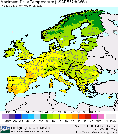 Europe Maximum Daily Temperature (USAF 557th WW) Thematic Map For 11/9/2020 - 11/15/2020