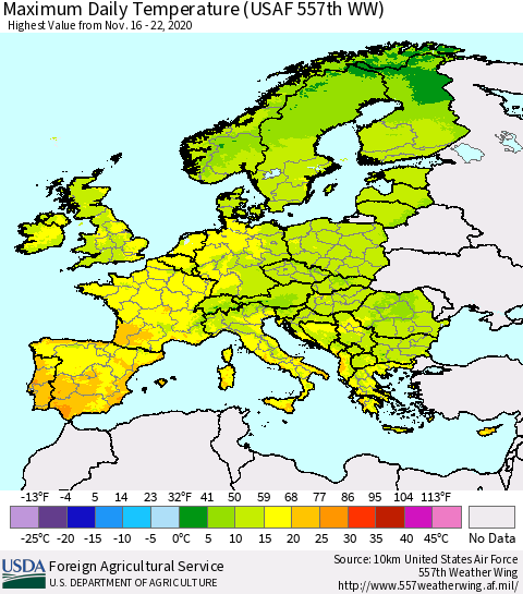 Europe Maximum Daily Temperature (USAF 557th WW) Thematic Map For 11/16/2020 - 11/22/2020