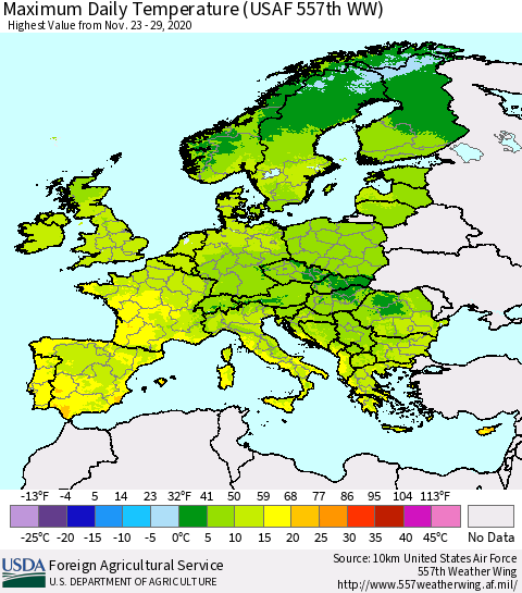 Europe Maximum Daily Temperature (USAF 557th WW) Thematic Map For 11/23/2020 - 11/29/2020
