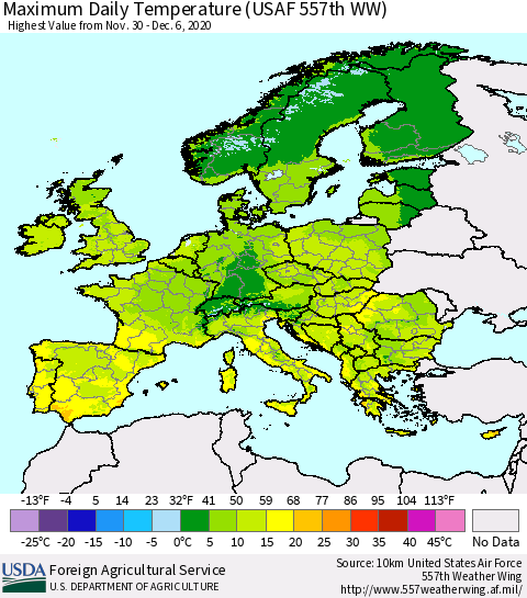 Europe Maximum Daily Temperature (USAF 557th WW) Thematic Map For 11/30/2020 - 12/6/2020