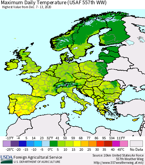 Europe Maximum Daily Temperature (USAF 557th WW) Thematic Map For 12/7/2020 - 12/13/2020
