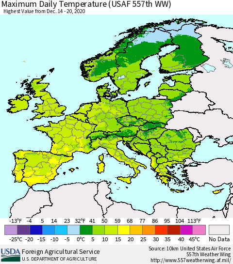 Europe Maximum Daily Temperature (USAF 557th WW) Thematic Map For 12/14/2020 - 12/20/2020