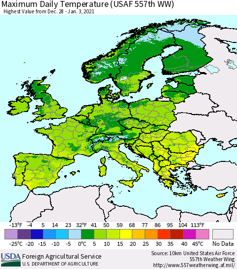Europe Maximum Daily Temperature (USAF 557th WW) Thematic Map For 12/28/2020 - 1/3/2021