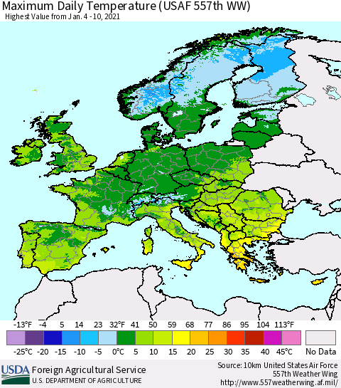 Europe Maximum Daily Temperature (USAF 557th WW) Thematic Map For 1/4/2021 - 1/10/2021