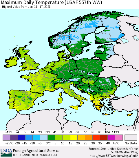 Europe Maximum Daily Temperature (USAF 557th WW) Thematic Map For 1/11/2021 - 1/17/2021