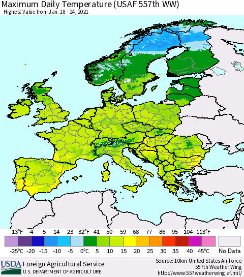 Europe Maximum Daily Temperature (USAF 557th WW) Thematic Map For 1/18/2021 - 1/24/2021