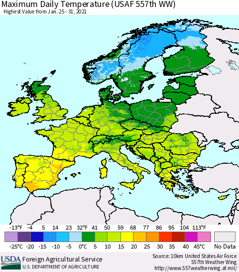 Europe Maximum Daily Temperature (USAF 557th WW) Thematic Map For 1/25/2021 - 1/31/2021
