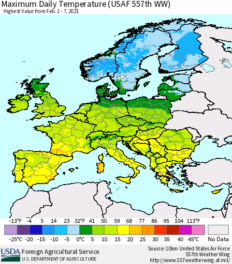Europe Maximum Daily Temperature (USAF 557th WW) Thematic Map For 2/1/2021 - 2/7/2021
