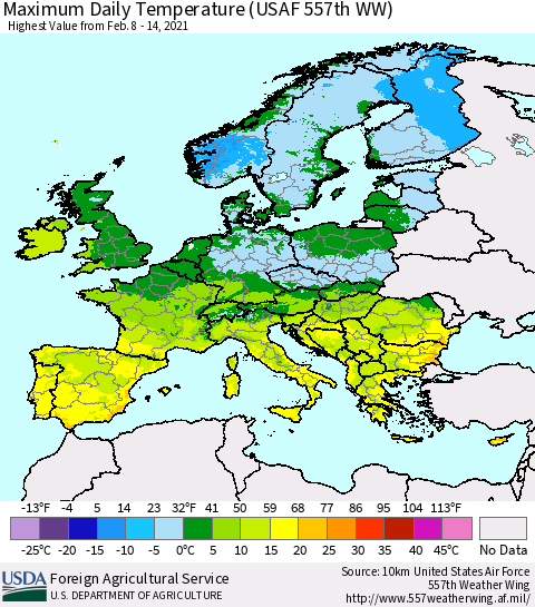 Europe Maximum Daily Temperature (USAF 557th WW) Thematic Map For 2/8/2021 - 2/14/2021