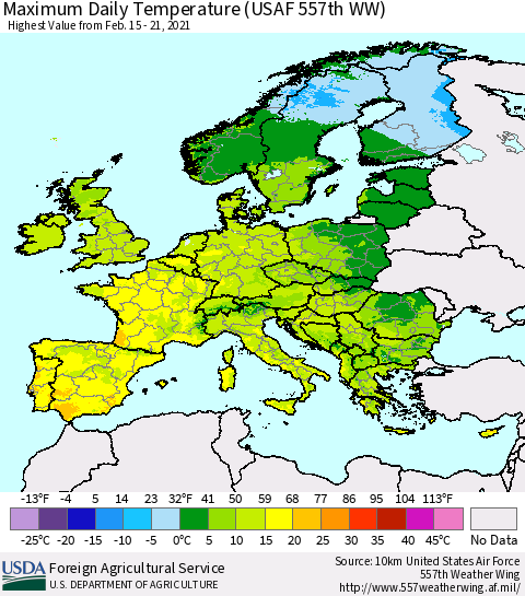 Europe Maximum Daily Temperature (USAF 557th WW) Thematic Map For 2/15/2021 - 2/21/2021