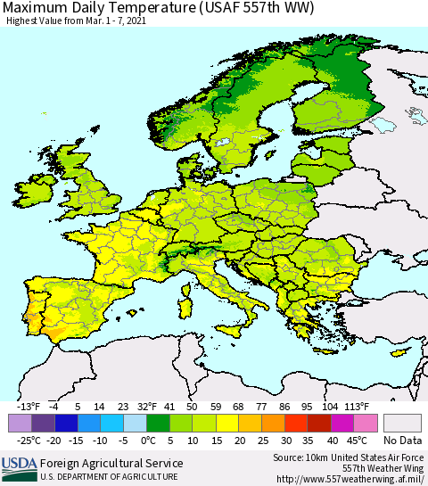 Europe Maximum Daily Temperature (USAF 557th WW) Thematic Map For 3/1/2021 - 3/7/2021
