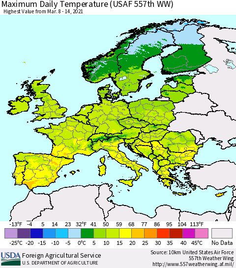 Europe Maximum Daily Temperature (USAF 557th WW) Thematic Map For 3/8/2021 - 3/14/2021
