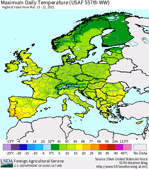 Europe Maximum Daily Temperature (USAF 557th WW) Thematic Map For 3/15/2021 - 3/21/2021