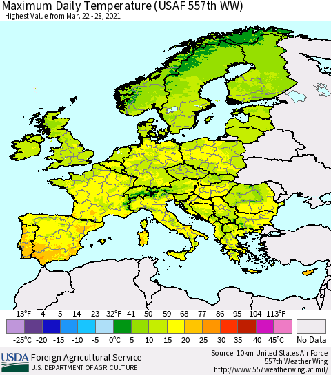 Europe Maximum Daily Temperature (USAF 557th WW) Thematic Map For 3/22/2021 - 3/28/2021