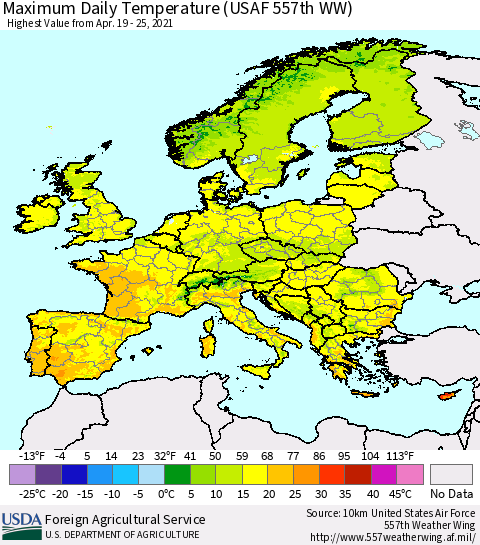 Europe Maximum Daily Temperature (USAF 557th WW) Thematic Map For 4/19/2021 - 4/25/2021