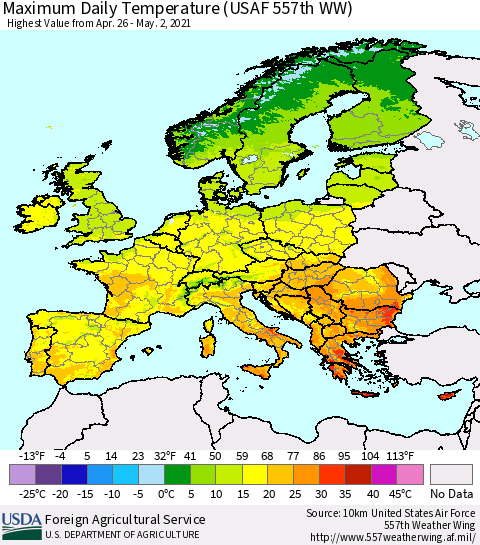 Europe Maximum Daily Temperature (USAF 557th WW) Thematic Map For 4/26/2021 - 5/2/2021