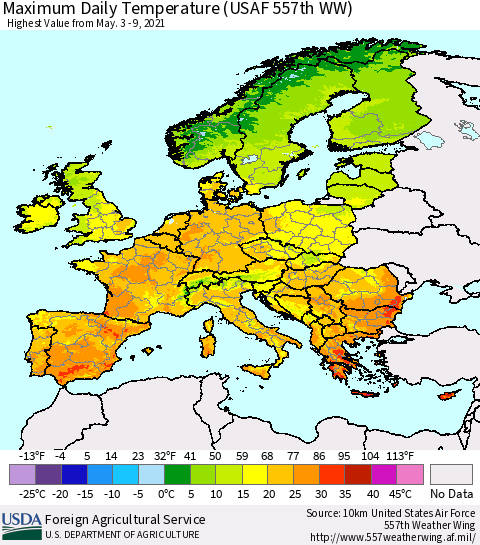 Europe Maximum Daily Temperature (USAF 557th WW) Thematic Map For 5/3/2021 - 5/9/2021