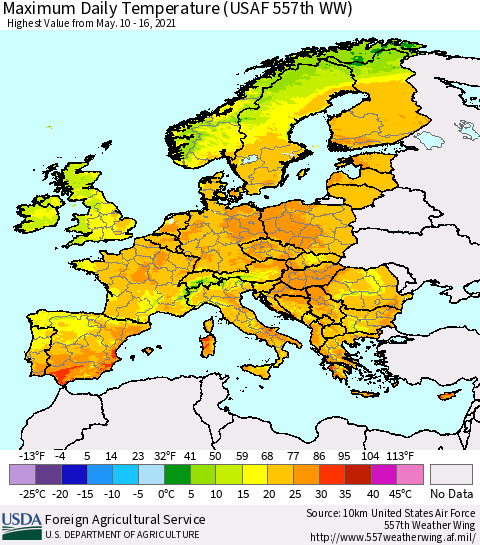 Europe Maximum Daily Temperature (USAF 557th WW) Thematic Map For 5/10/2021 - 5/16/2021