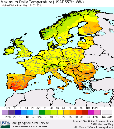 Europe Maximum Daily Temperature (USAF 557th WW) Thematic Map For 5/17/2021 - 5/23/2021