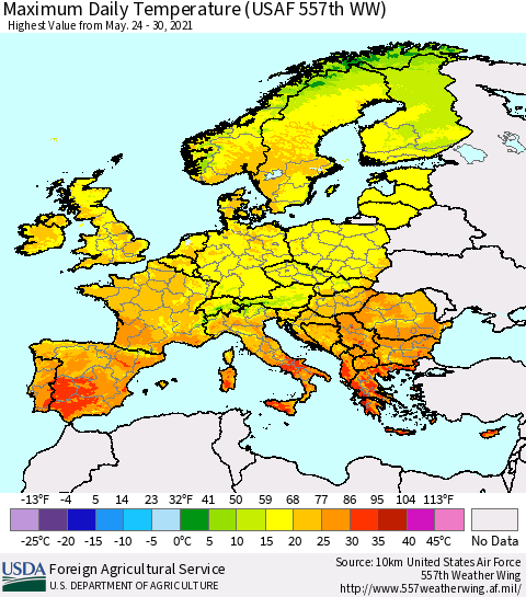 Europe Maximum Daily Temperature (USAF 557th WW) Thematic Map For 5/24/2021 - 5/30/2021