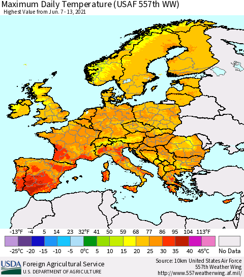 Europe Maximum Daily Temperature (USAF 557th WW) Thematic Map For 6/7/2021 - 6/13/2021