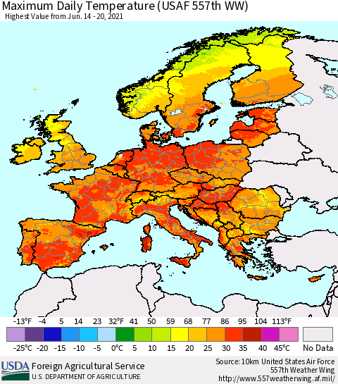 Europe Maximum Daily Temperature (USAF 557th WW) Thematic Map For 6/14/2021 - 6/20/2021