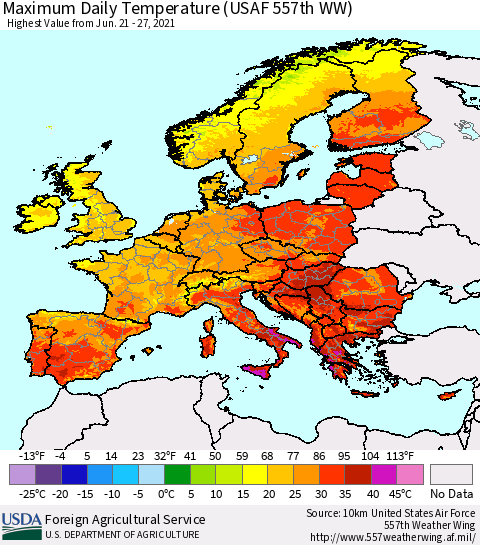 Europe Maximum Daily Temperature (USAF 557th WW) Thematic Map For 6/21/2021 - 6/27/2021