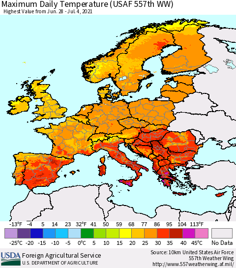Europe Maximum Daily Temperature (USAF 557th WW) Thematic Map For 6/28/2021 - 7/4/2021