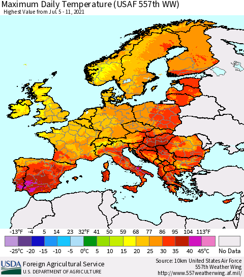 Europe Maximum Daily Temperature (USAF 557th WW) Thematic Map For 7/5/2021 - 7/11/2021