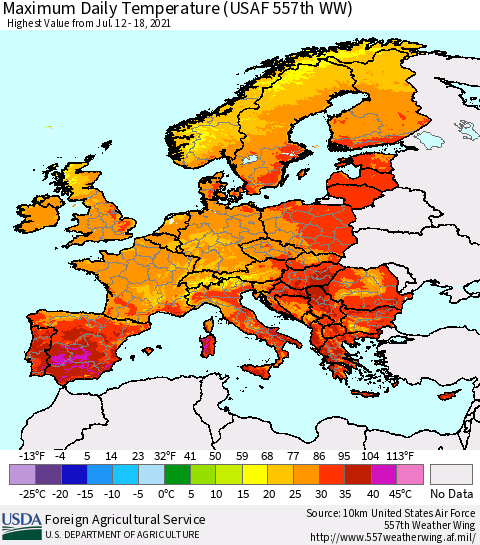 Europe Maximum Daily Temperature (USAF 557th WW) Thematic Map For 7/12/2021 - 7/18/2021