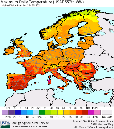 Europe Maximum Daily Temperature (USAF 557th WW) Thematic Map For 7/19/2021 - 7/25/2021