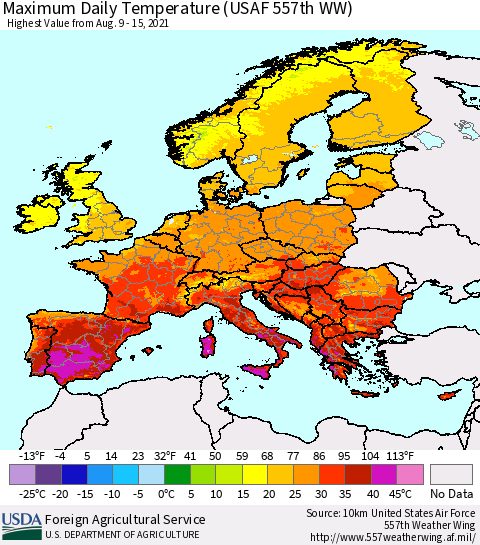 Europe Maximum Daily Temperature (USAF 557th WW) Thematic Map For 8/9/2021 - 8/15/2021
