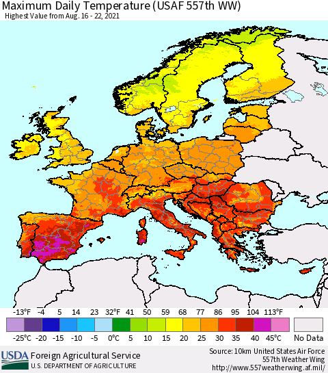 Europe Maximum Daily Temperature (USAF 557th WW) Thematic Map For 8/16/2021 - 8/22/2021