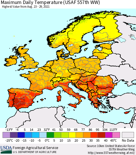 Europe Maximum Daily Temperature (USAF 557th WW) Thematic Map For 8/23/2021 - 8/29/2021