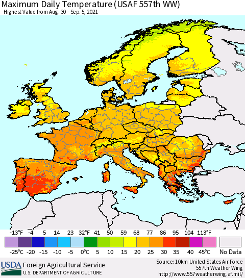 Europe Maximum Daily Temperature (USAF 557th WW) Thematic Map For 8/30/2021 - 9/5/2021