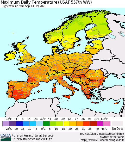 Europe Maximum Daily Temperature (USAF 557th WW) Thematic Map For 9/13/2021 - 9/19/2021