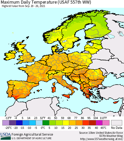 Europe Maximum Daily Temperature (USAF 557th WW) Thematic Map For 9/20/2021 - 9/26/2021
