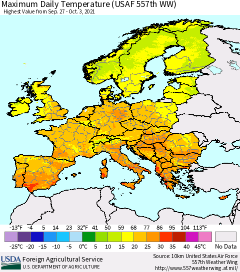 Europe Maximum Daily Temperature (USAF 557th WW) Thematic Map For 9/27/2021 - 10/3/2021
