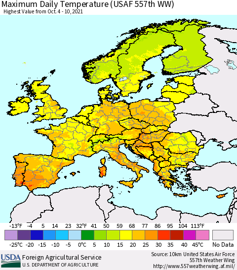 Europe Maximum Daily Temperature (USAF 557th WW) Thematic Map For 10/4/2021 - 10/10/2021