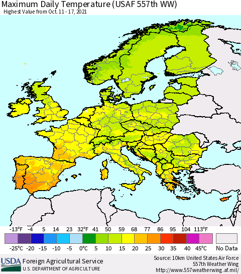 Europe Maximum Daily Temperature (USAF 557th WW) Thematic Map For 10/11/2021 - 10/17/2021