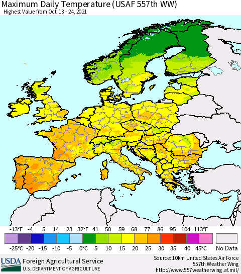 Europe Maximum Daily Temperature (USAF 557th WW) Thematic Map For 10/18/2021 - 10/24/2021