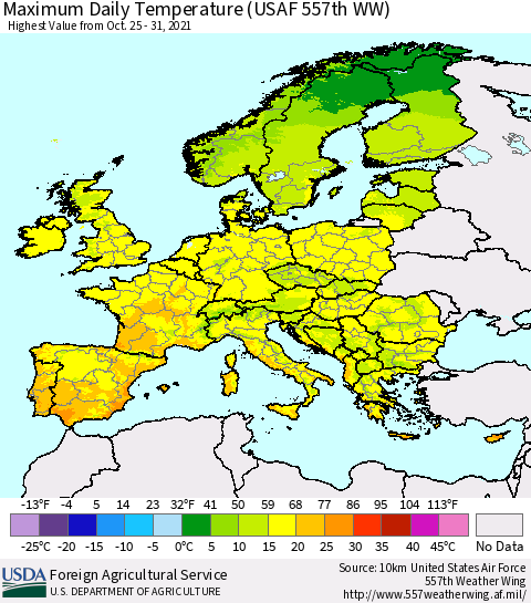 Europe Maximum Daily Temperature (USAF 557th WW) Thematic Map For 10/25/2021 - 10/31/2021
